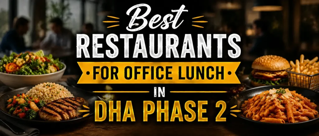 Office lunch themed hero banner showing assorted meals with centered text about best office lunch restaurants in DHA Phase 2.