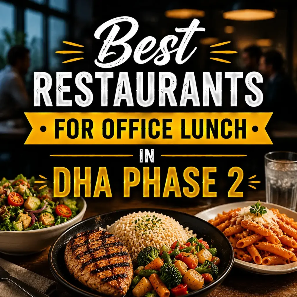 Square promotional food image with lunch dishes and bold centered text for office lunch restaurants in DHA Phase 2