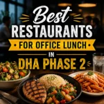 Square promotional food image with lunch dishes and bold centered text for office lunch restaurants in DHA Phase 2