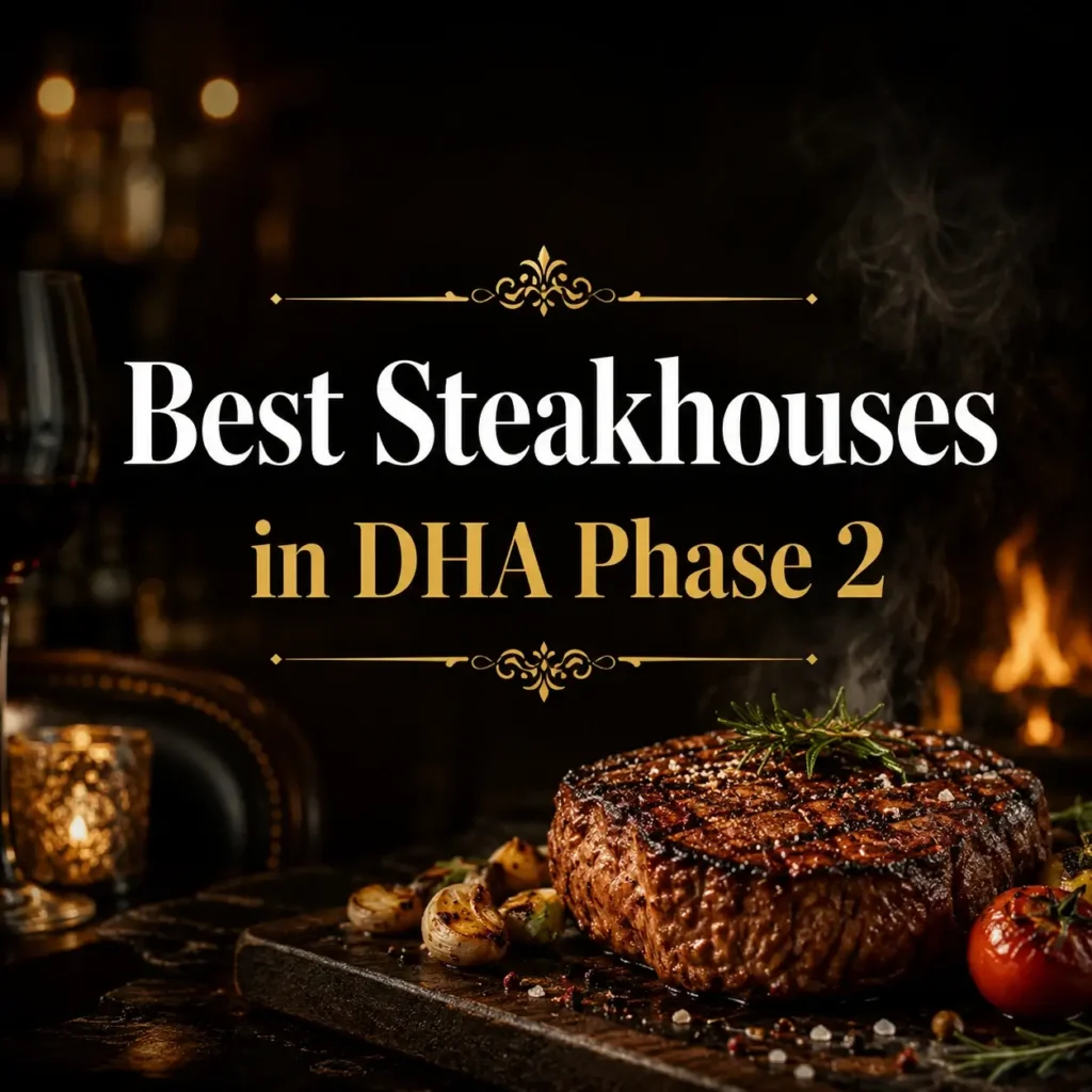 Best Steakhouses in DHA Phase 2 thumbnail showing close-up of juicy grilled steak with herbs, roasted vegetables, and dark fine-dining background, with bold centered text 'BEST STEAKHOUSES IN DHA PHASE 2', high-contrast mobile-friendly layout.