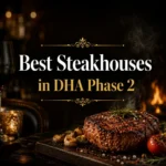 Best Steakhouses in DHA Phase 2 thumbnail showing close-up of juicy grilled steak with herbs, roasted vegetables, and dark fine-dining background, with bold centered text 'BEST STEAKHOUSES IN DHA PHASE 2', high-contrast mobile-friendly layout.