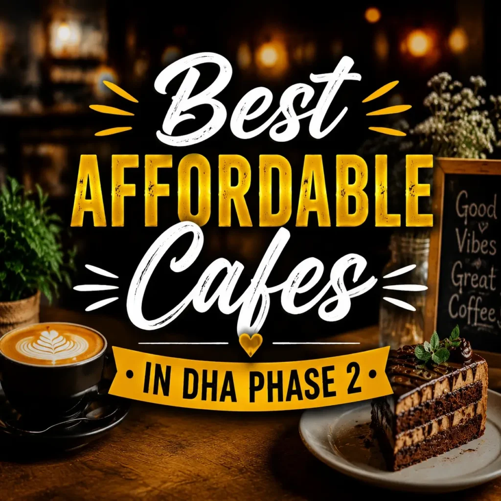 Square cafΓ© promotional graphic with latte and dessert, showing centered text about affordable cafΓ©s in DHA Phase 2.