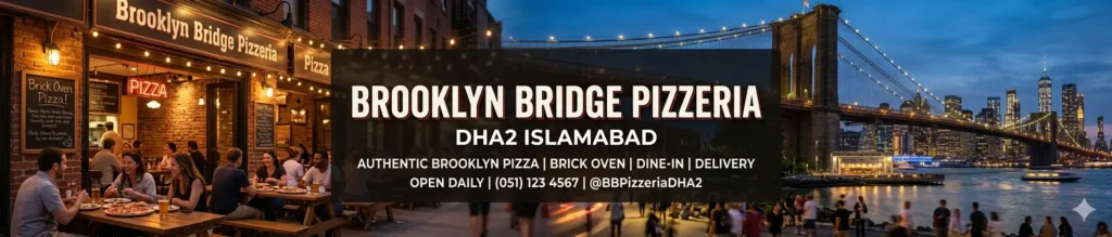 A panoramic marketing banner for Brooklyn Bridge Pizzeria in DHA2 Islamabad. The left side features an active outdoor dining patio with people eating pizza under warm string lights, while the right side transitions into a scenic night view of the illuminated Brooklyn Bridge and New York City skyline.