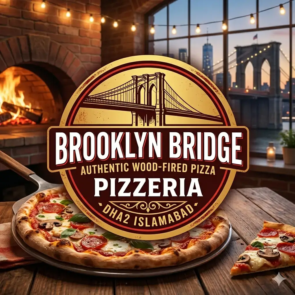 A large, circular retro-style logo for Brooklyn Bridge Pizzeria DHA2 Islamabad centered over a freshly baked brick-oven pizza with pepperoni, mushrooms, and basil resting on a wooden table.