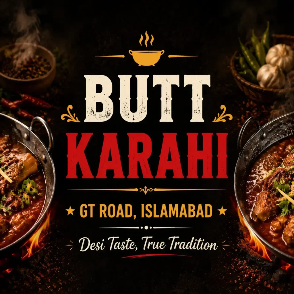 Square promotional poster for Butt Karahi GT Road Islamabad with centered bold ‘BUTT KARAHI’ text, dramatic dark textured background, sizzling karahi dishes and spices on sides, warm red-orange food lighting, and minimal centered layout optimized for mobile thumbnail use