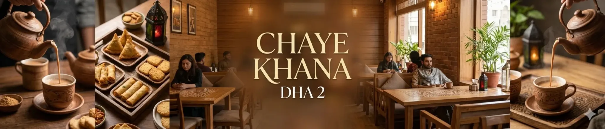 A wide horizontal banner for Chaye Khana DHA 2. The left and right sides show steaming milk tea being poured from a traditional clay teapot into cups, alongside wooden platters of samosas, spring rolls, and biscuits. The center features a warm brown overlay with elegant gold text reading "CHAYE KHANA DHA 2" over a cozy, wooden-paneled cafe interior with patrons sitting at tables.