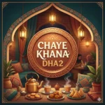 A square, warm-toned illustration featuring a central circular badge with the text "CHAYE KHANA DHA2". The foreground shows a table set with a golden teapot, steaming cups of tea, cookies, pakoras, and samosas, framed by an elegant archway with hanging lanterns and a cozy lounge in the background.