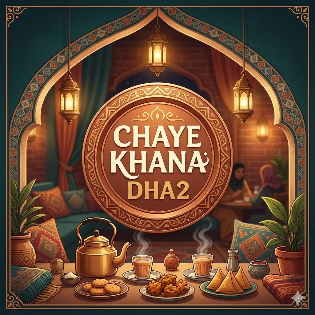 A square, warm-toned illustration featuring a central circular badge with the text "CHAYE KHANA DHA2". The foreground shows a table set with a golden teapot, steaming cups of tea, cookies, pakoras, and samosas, framed by an elegant archway with hanging lanterns and a cozy lounge in the background.
