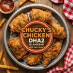 Top-down view of a round metal platter filled with crispy fried chicken pieces and garnished with parsley. A retro-style circular logo is superimposed in the center, reading "CHUCKY'S CHICKEN DHA2 ISLAMABAD TASTE THE CRUNCH!". The dish sits on a wooden surface next to french fries and a red-and-white checkered napkin.