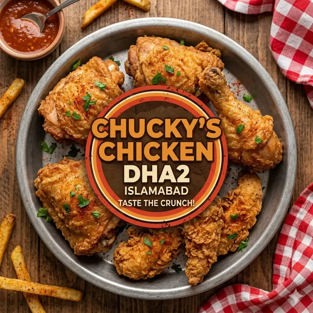 Top-down view of a round metal platter filled with crispy fried chicken pieces and garnished with parsley. A retro-style circular logo is superimposed in the center, reading "CHUCKY'S CHICKEN DHA2 ISLAMABAD TASTE THE CRUNCH!". The dish sits on a wooden surface next to french fries and a red-and-white checkered napkin.