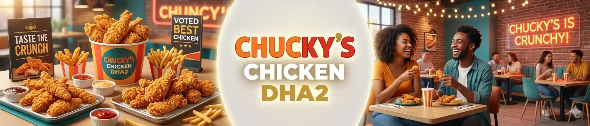 A wide promotional banner for Chucky's Chicken DHA2. The left side showcases a spread of crispy fried chicken tenders, drumsticks in a bucket, french fries, and dipping sauces. The center features a glowing white circle with the text "CHUCKY'S CHICKEN DHA2." The right side shows a smiling couple and other patrons enjoying meals inside a vibrant, modern restaurant with a neon sign reading "CHUCKY'S IS CRUNCHY!