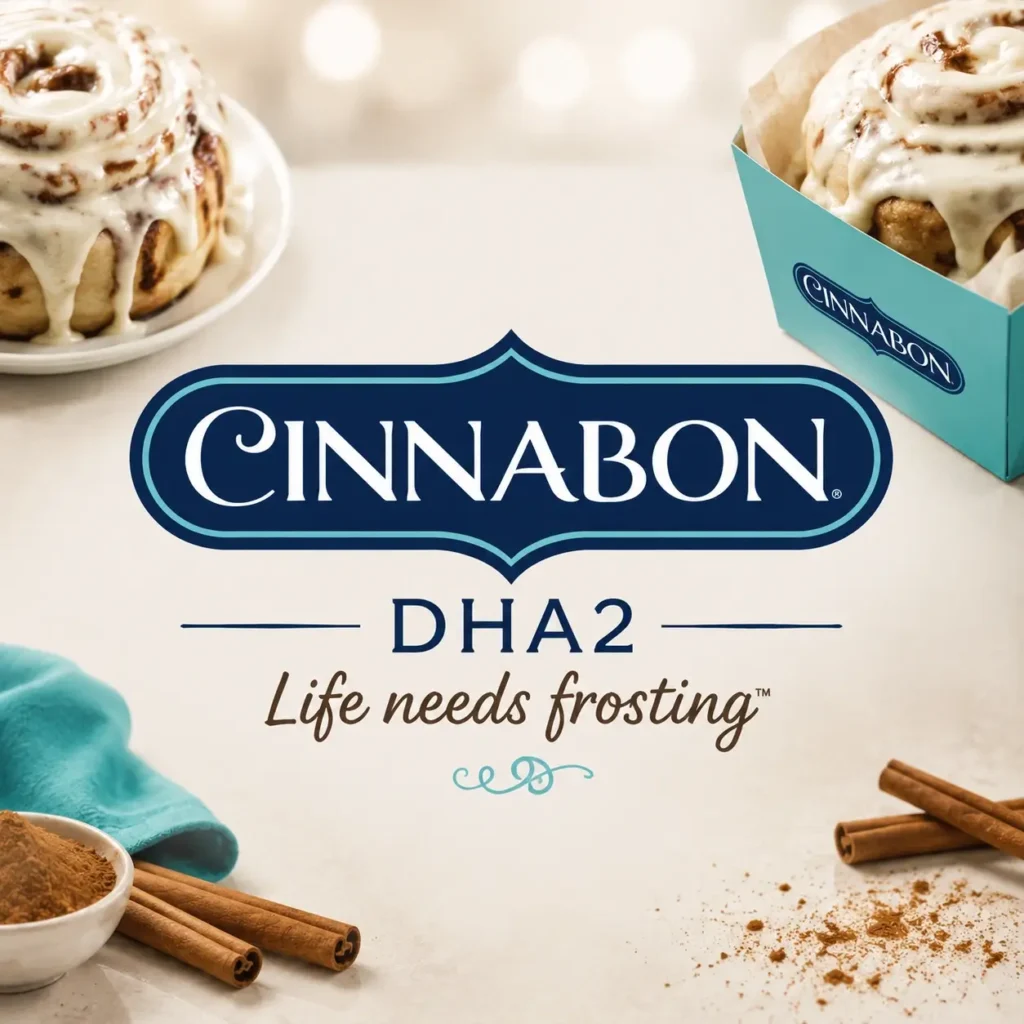 Square Cinnabon DHA2 thumbnail showing a centered bold Cinnabon logo on a soft beige background with cinnamon rolls, icing, and warm baking props arranged around the edges for a rich dessert-focused brand visual.