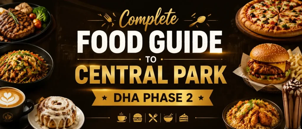 Wide horizontal hero banner for ‘Complete Food Guide to Central Park DHA Phase 2’ featuring bold centered typography on a dark premium background, surrounded by vibrant food visuals including burgers, steaks, noodles, desserts, and coffee, designed for mobile-optimized food directory branding