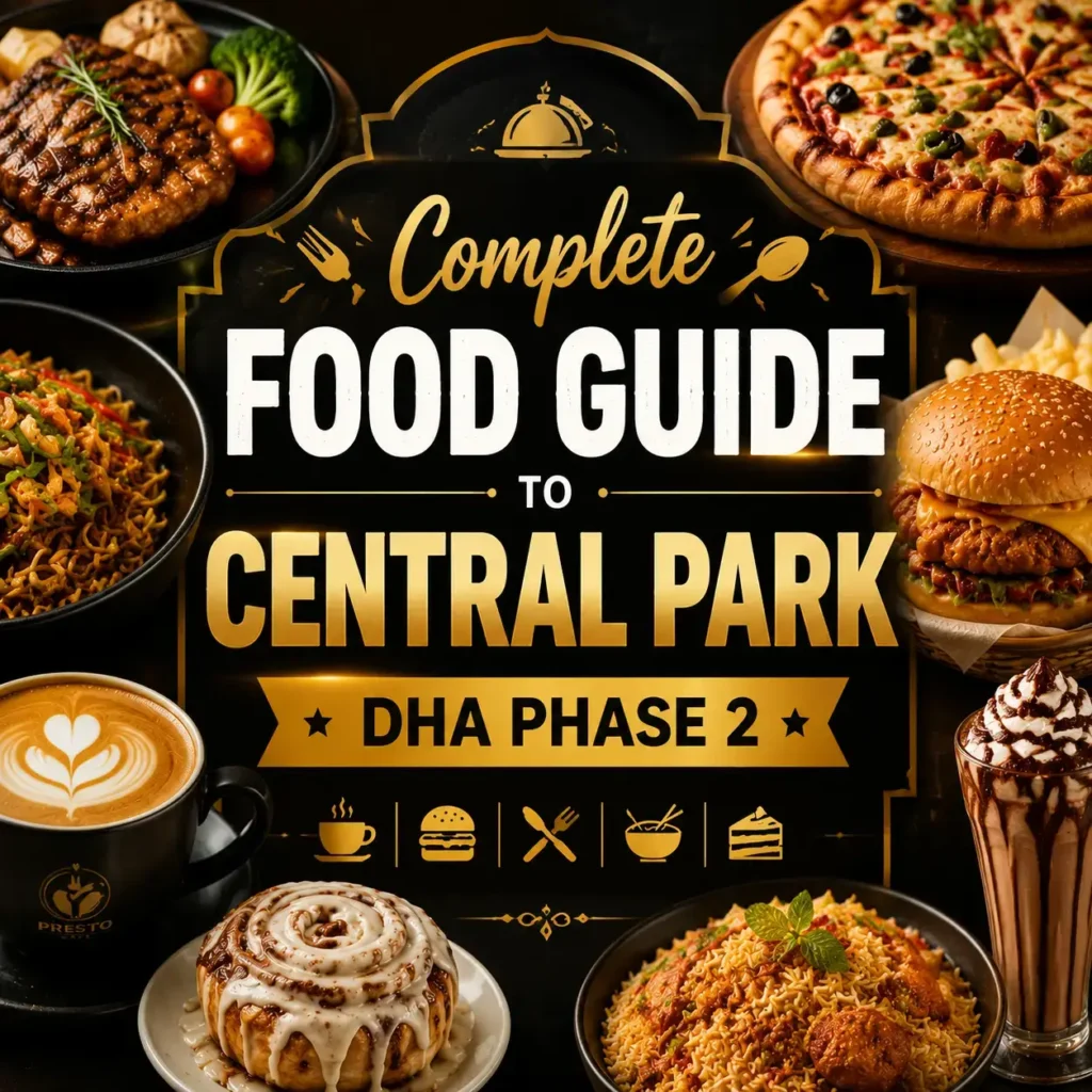 Square thumbnail design for βComplete Food Guide to Central Park DHA Phase 2β with centered bold title text on a dark elegant background, framed by appetizing food items such as pizza, burgers, coffee, noodles, and desserts arranged around the edges in a premium restaurant guide style.
