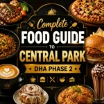 Square thumbnail design for ‘Complete Food Guide to Central Park DHA Phase 2’ with centered bold title text on a dark elegant background, framed by appetizing food items such as pizza, burgers, coffee, noodles, and desserts arranged around the edges in a premium restaurant guide style.