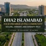 An aerial view showcase banner of the DHA2 Islamabad community, featuring a multi-lane highway, lush green parks, and prominent landmarks like Giga Mall, Lignum Tower, Askari Towers, Jacaranda Family Club, and a white-domed mosque.