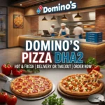 A square marketing graphic for Domino's Pizza DHA2. In the foreground, a pepperoni pizza on a metal peel and a chicken pizza with a cheese pull sit on a counter. The background shows an indoor view of a modern Domino's branch with employees cooking, overlaid with central text reading "DOMINO'S PIZZA DHA2 | HOT & FRESH | DELIVERY OR TAKEOUT | ORDER NOW."