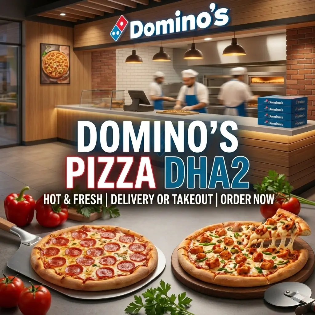 A square marketing graphic for Domino's Pizza DHA2. In the foreground, a pepperoni pizza on a metal peel and a chicken pizza with a cheese pull sit on a counter. The background shows an indoor view of a modern Domino's branch with employees cooking, overlaid with central text reading "DOMINO'S PIZZA DHA2 | HOT & FRESH | DELIVERY OR TAKEOUT | ORDER NOW."
