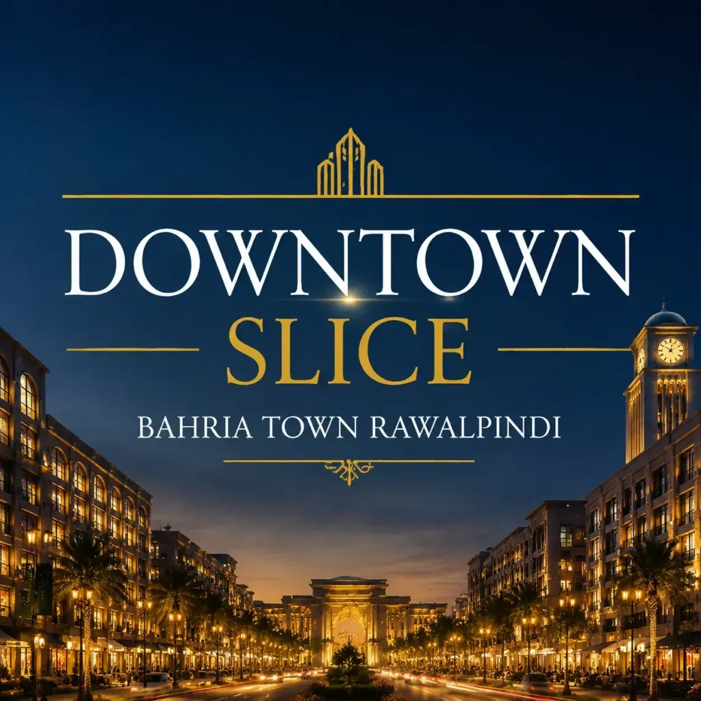 Stylish promotional thumbnail for “Downtown Slice Bahria Town Rawalpindi” featuring a luxury urban evening streetscape with glowing architecture and a central composition. Bold centered title text “DOWNTOWN SLICE BAHRIA TOWN RAWALPINDI” in gold and white stands out against a deep blue night sky, optimized for mobile viewing.