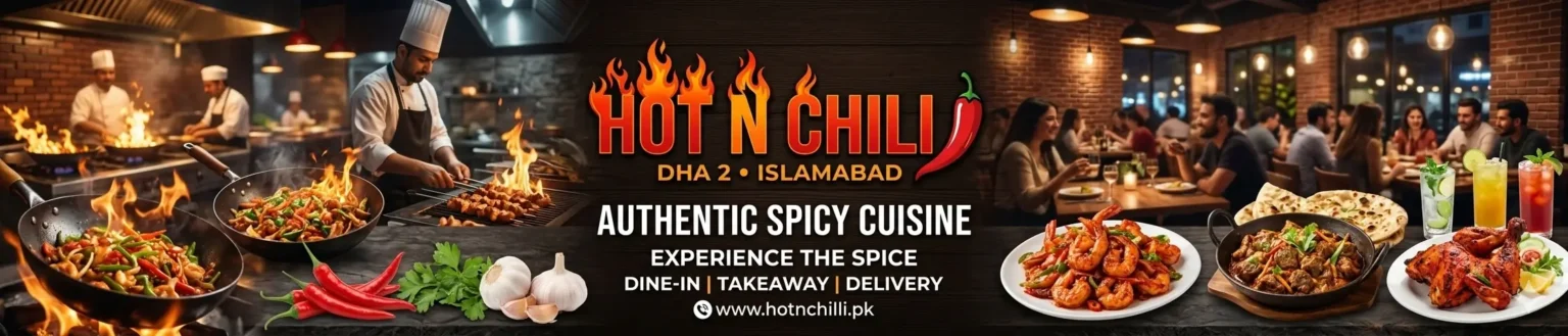 A wide horizontal marketing banner for Hot N Chili DHA 2 Islamabad. The left side shows chefs preparing stir-fry and grilling skewers over high flames in a busy kitchen. The right side features patrons dining in a warm brick-walled restaurant next to plates of spicy shrimp, a karahi dish with naan, roasted chicken, and colorful drinks. The center displays the fiery brand logo and text reading "AUTHENTIC SPICY CUISINE | EXPERIENCE THE SPICE.