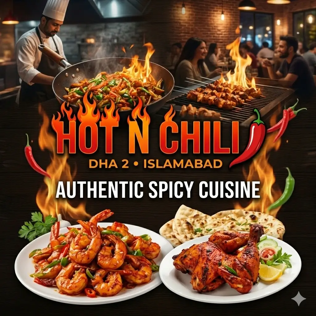 A square promotional graphic for Hot N Chili DHA 2 Islamabad featuring a fiery logo that reads "AUTHENTIC SPICY CUISINE." The top half shows a chef cooking in a wok and grilling skewers, while the foreground displays plates of saucy chili shrimp and grilled tandoori chicken with naan bread.