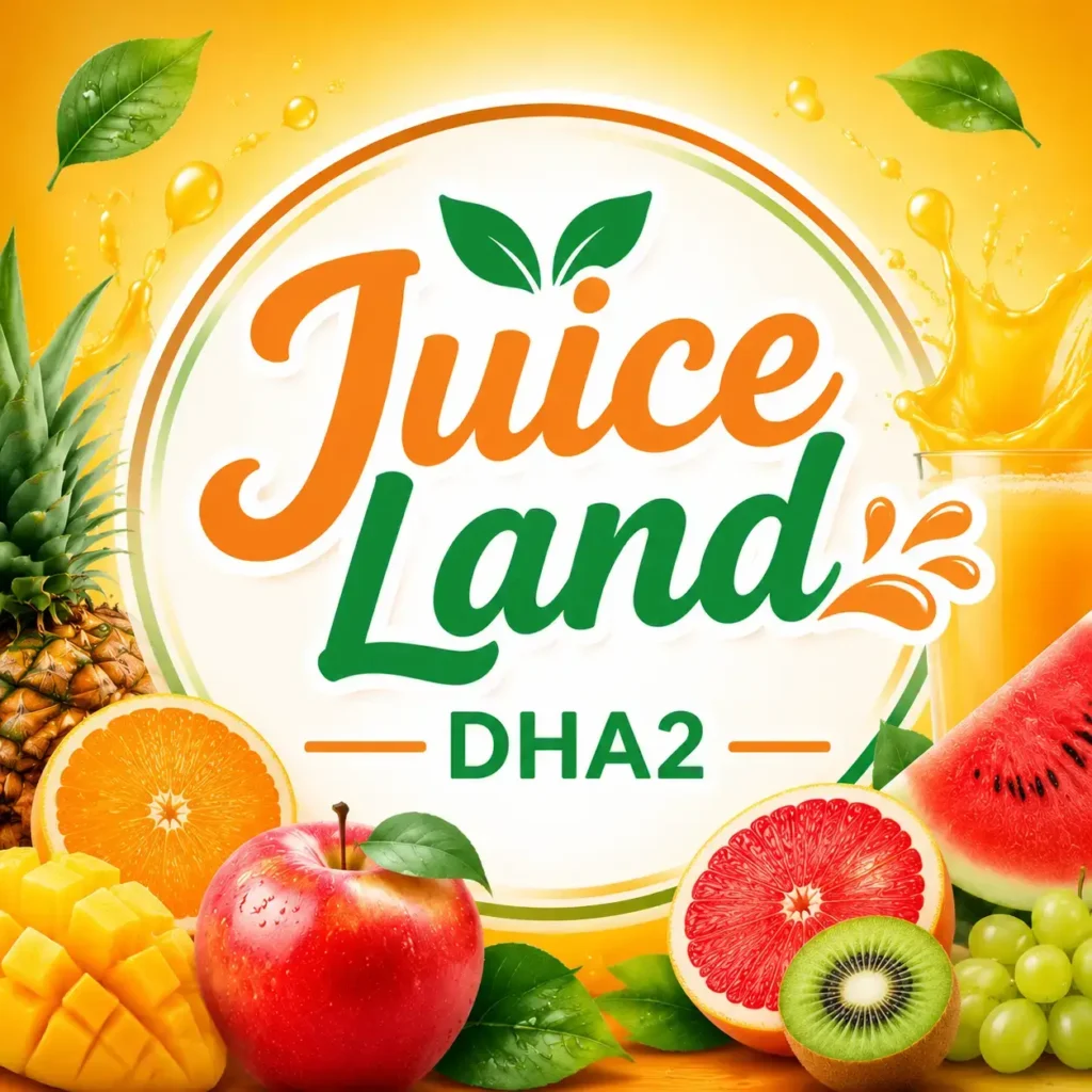 Colorful Juice Land DHA2 square thumbnail showing fresh fruits (apple, orange, watermelon, kiwi), juice splash effects, and centered branding text “Juice Land DHA2” on a vibrant warm background.