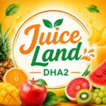 Colorful Juice Land DHA2 square thumbnail showing fresh fruits (apple, orange, watermelon, kiwi), juice splash effects, and centered branding text “Juice Land DHA2” on a vibrant warm background.