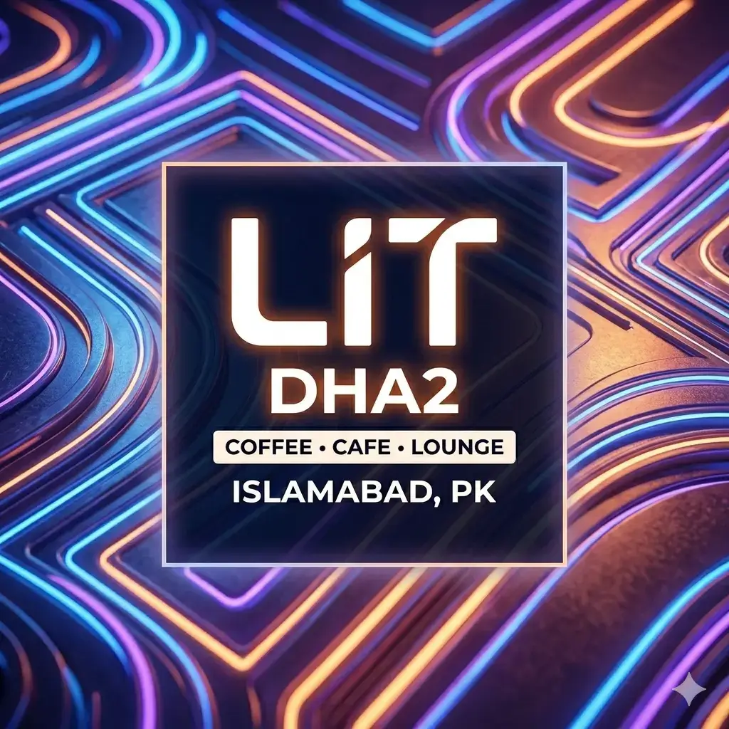 Promotional graphic for LIT DHA2 Coffee, Cafe, Lounge in Islamabad, PK. The logo features glowing white and orange text on a dark blue square, set against a metallic background with neon blue and purple concentric square patterns.