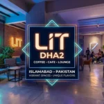 Interior view of the LIT DHA2 cafe in Islamabad, Pakistan, featuring a modern, industrial design with exposed brick walls, indoor plants, and comfortable seating. A digital logo overlay sits in the center, reading "LIT DHA2 COFFEE • CAFE • LOUNGE".