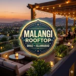 A square promotional graphic featuring a circular, gold-trimmed logo for "MALANGI ROOFTOP | DHA2 • ISLAMABAD". The badge is superimposed over an upscale rooftop patio at dusk, showing comfortable outdoor sofas, warm candlelight, and a glowing city view in the background.
