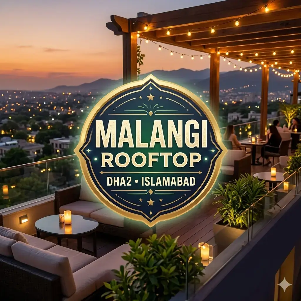 A square promotional graphic featuring a circular, gold-trimmed logo for "MALANGI ROOFTOP | DHA2 • ISLAMABAD". The badge is superimposed over an upscale rooftop patio at dusk, showing comfortable outdoor sofas, warm candlelight, and a glowing city view in the background.
