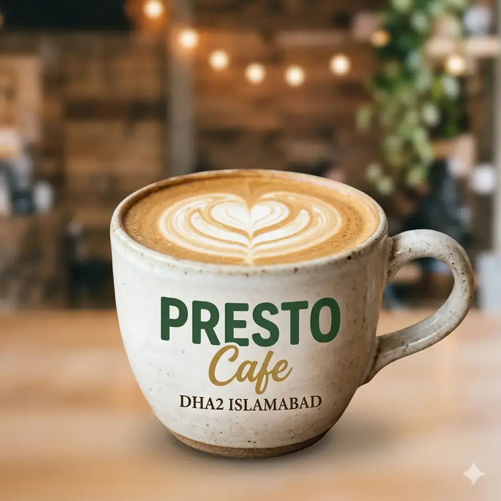 A thumbnail image for PRESTO Cafe in DHA2 Islamabad, showing a close-up of a ceramic mug filled with coffee featuring heart-shaped latte art, with the text "PRESTO Cafe" and "DHA2 ISLAMABAD" printed on the side of the mug.