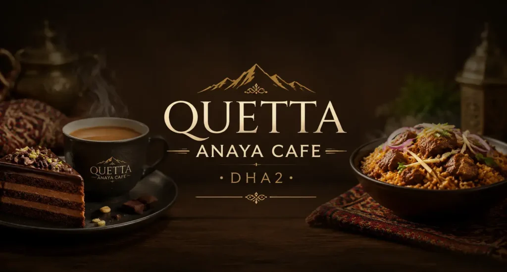 Quetta Anaya Cafe DHA2 cozy café themed banner with warm brown tones, featuring coffee cup, dessert cake slice, and rice dish with elegant branding.