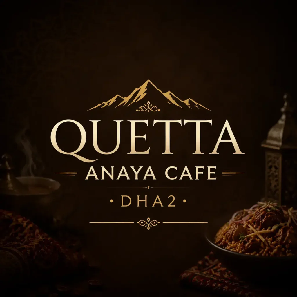 Quetta Anaya Cafe DHA2 restaurant promotional image with central logo, coffee, sweet dessert, and traditional food served on rustic wooden table.