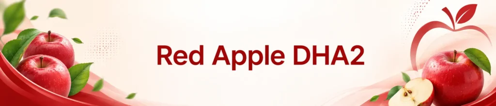 Red Apple DHA2 website hero banner with fresh red apples, green leaves, red wave accents, and centered text reading “Red Apple DHA2.