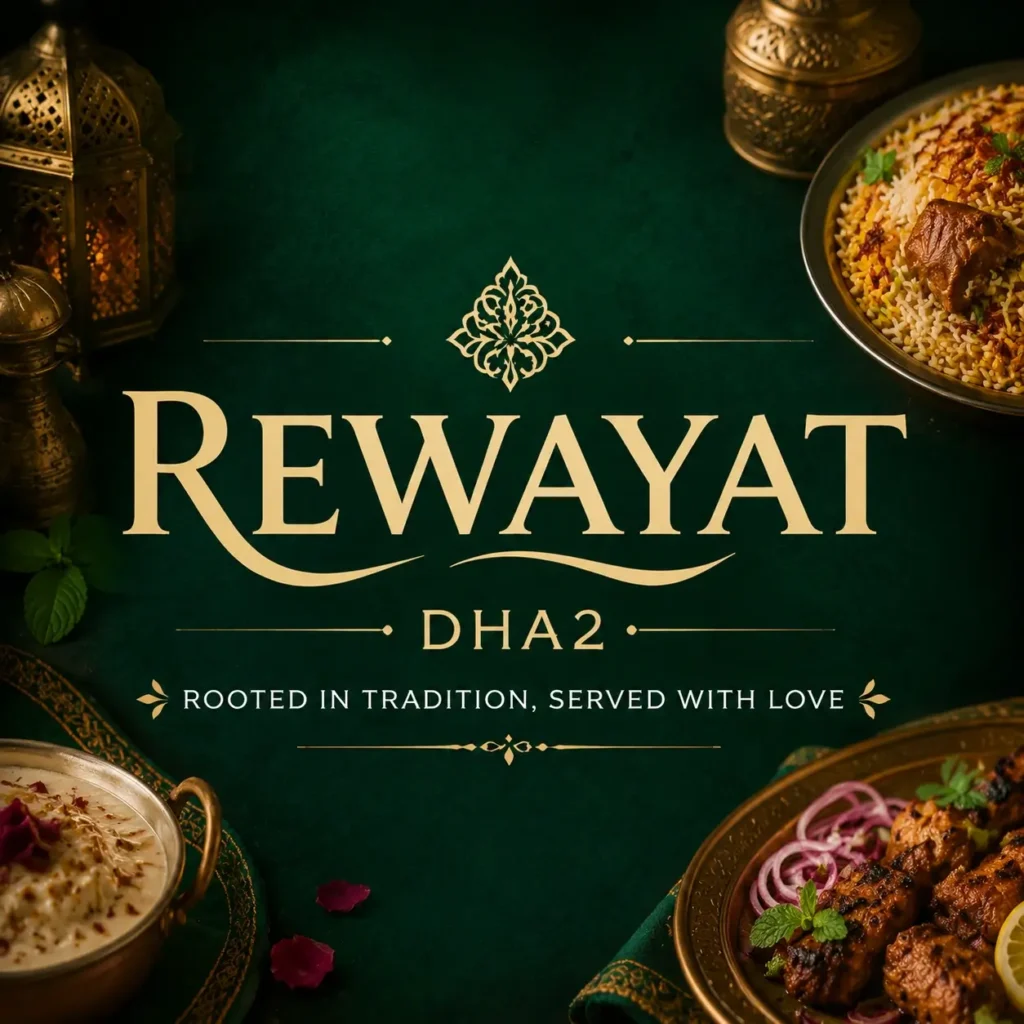 Square thumbnail design for Rewayat DHA2 showing a centered gold ‘REWAYAT’ logo on a rich dark green background with traditional food dishes, brass decor, and elegant cultural motifs arranged around the edges for a luxurious restaurant identity.