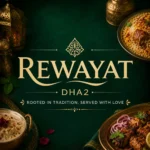 Square thumbnail design for Rewayat DHA2 showing a centered gold ‘REWAYAT’ logo on a rich dark green background with traditional food dishes, brass decor, and elegant cultural motifs arranged around the edges for a luxurious restaurant identity.