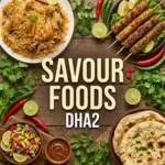 Overhead view of a Pakistani food arrangement featuring chicken biryani, grilled seekh kebabs, naan, chutney, and fresh salad arranged on a wooden background around central text that reads "SAVOUR FOODS DHA2".