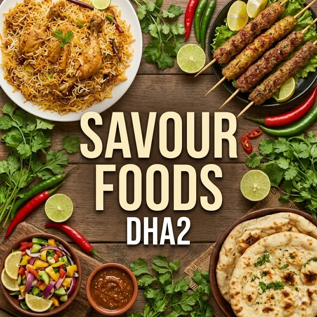 Overhead view of a Pakistani food arrangement featuring chicken biryani, grilled seekh kebabs, naan, chutney, and fresh salad arranged on a wooden background around central text that reads "SAVOUR FOODS DHA2".