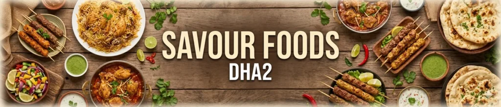 A wide panoramic marketing banner for Savour Foods DHA2 on a rustic wooden table background. The center features bold cream-colored text reading "SAVOUR FOODS DHA2". The sides are lined with an overhead spread of Pakistani dishes, including chicken biryani, seekh kebabs on skewers, chicken karahi, tandoori naan, fresh salad, and green raita.