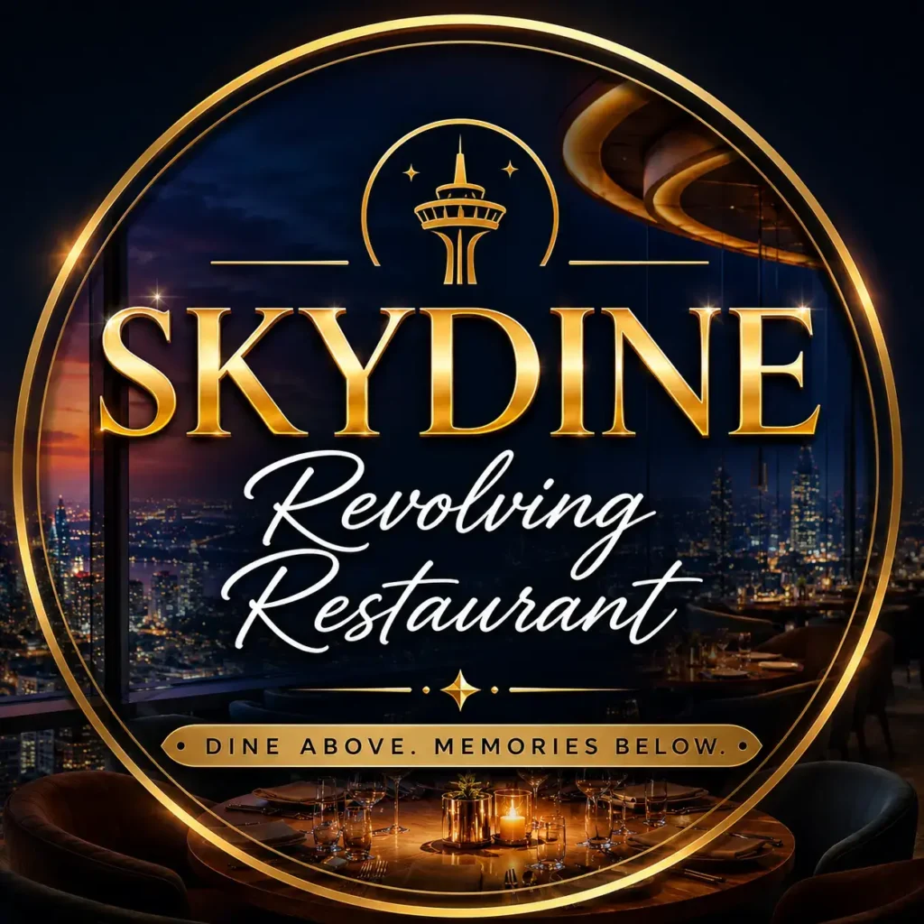 Skydine Revolving Restaurant thumbnail showcasing a premium revolving restaurant with panoramic night city views, luxurious dining ambiance, and centered gold branding.
