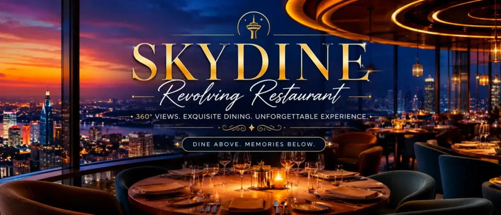 Skydine Revolving Restaurant hero banner featuring a luxurious revolving rooftop dining area with panoramic city skyline views at sunset and elegant centered gold typography.