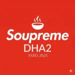 A square logo graphic on a solid red background, displaying a white minimalist icon of a steaming soup bowl centered above the text "Soupreme DHA2 ESTD. 2025"