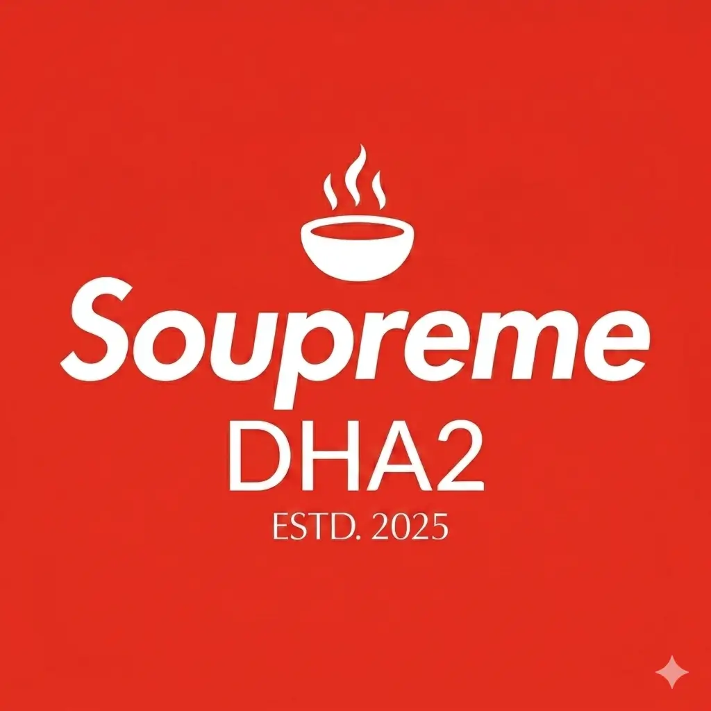 A square logo graphic on a solid red background, displaying a white minimalist icon of a steaming soup bowl centered above the text "Soupreme DHA2 ESTD. 2025"