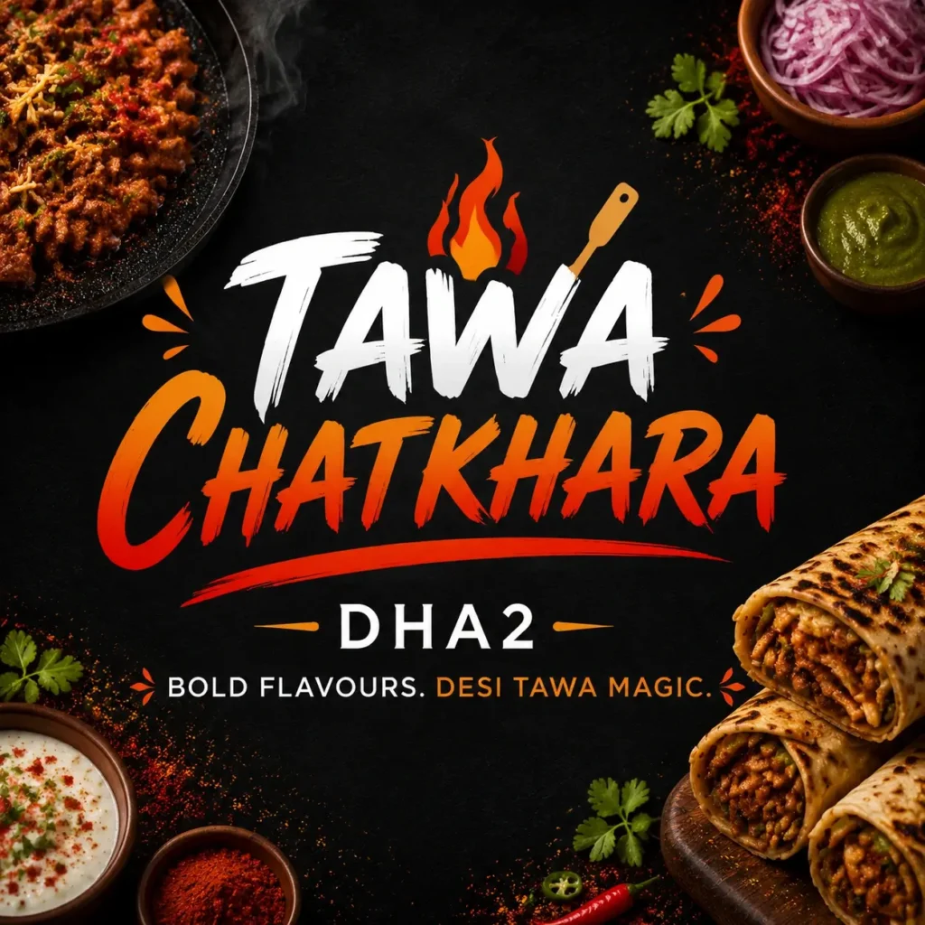 Square thumbnail design for Tawa Chatkhara DHA2 with centered bold logo text over a dark dramatic background, surrounded by colorful street food items, spices, onions, herbs, and grilled tawa dishes, creating a bold and energetic desi food brand identity.