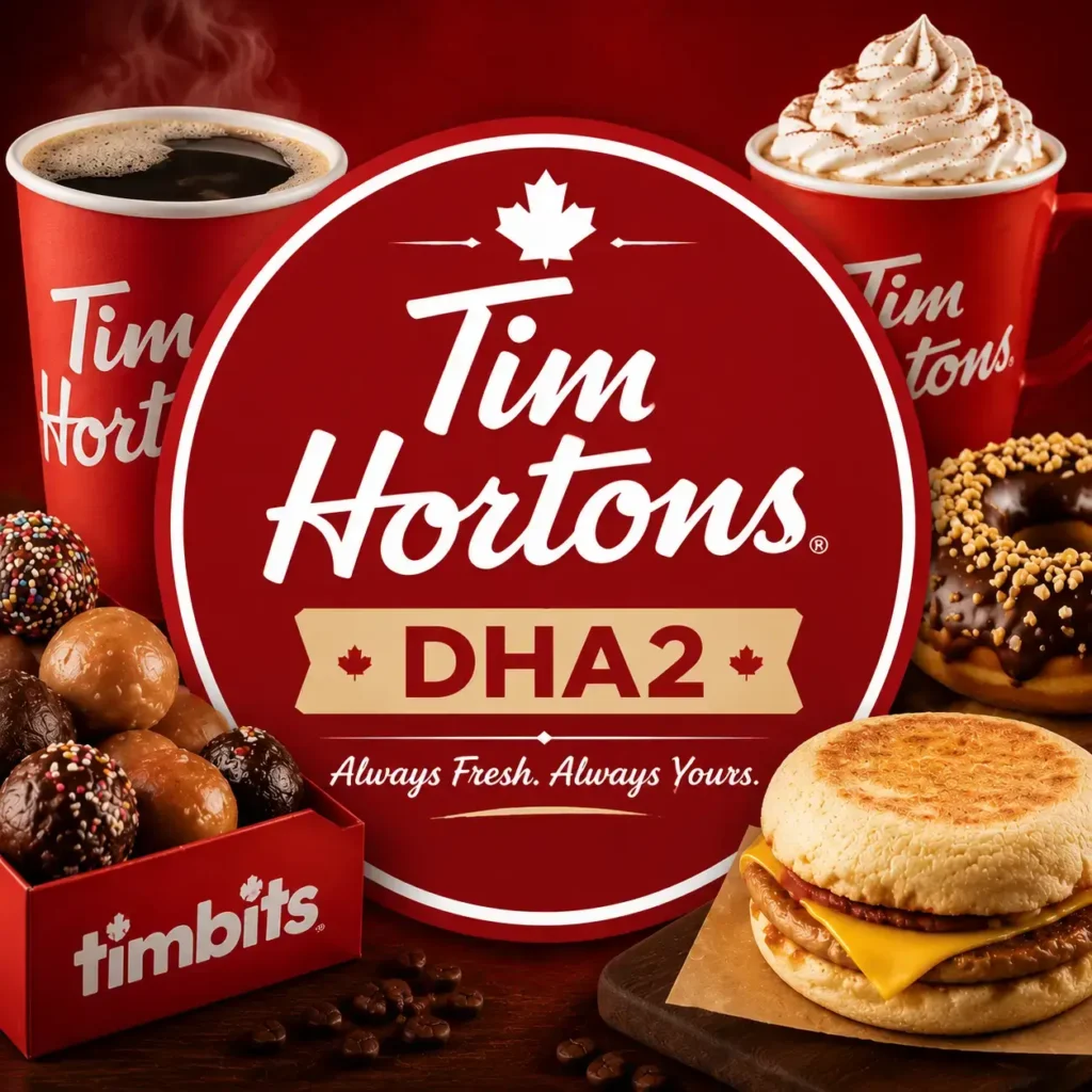 Tim Hortons DHA2 square thumbnail showing a vibrant assortment of coffee cups, donuts, Timbits, and breakfast items surrounding a central logo, designed with a rich red theme and centered branding for clear mobile visibility.