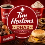 Tim Hortons DHA2 square thumbnail showing a vibrant assortment of coffee cups, donuts, Timbits, and breakfast items surrounding a central logo, designed with a rich red theme and centered branding for clear mobile visibility.