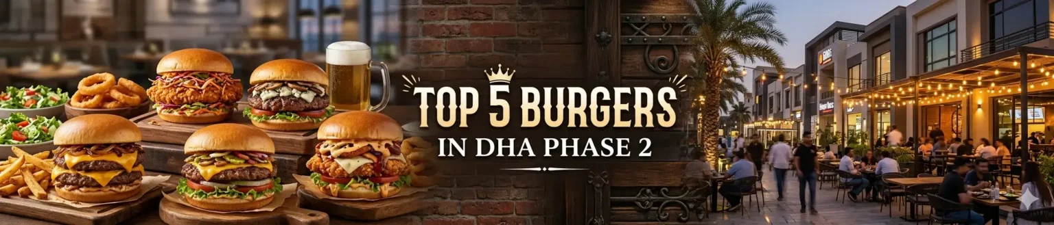 For the Hero Banner (Top 5 Burgers in DHA Phase 2-south islamabad eats.webp) Alt Text: Food blog hero banner displaying a variety of five premium gourmet burgers, fries, salad, onion rings, and a beer mug on the left, an active outdoor commercial strip at dusk on the right, and centered rustic typography reading "TOP 5 BURGERS IN DHA PHASE 2".