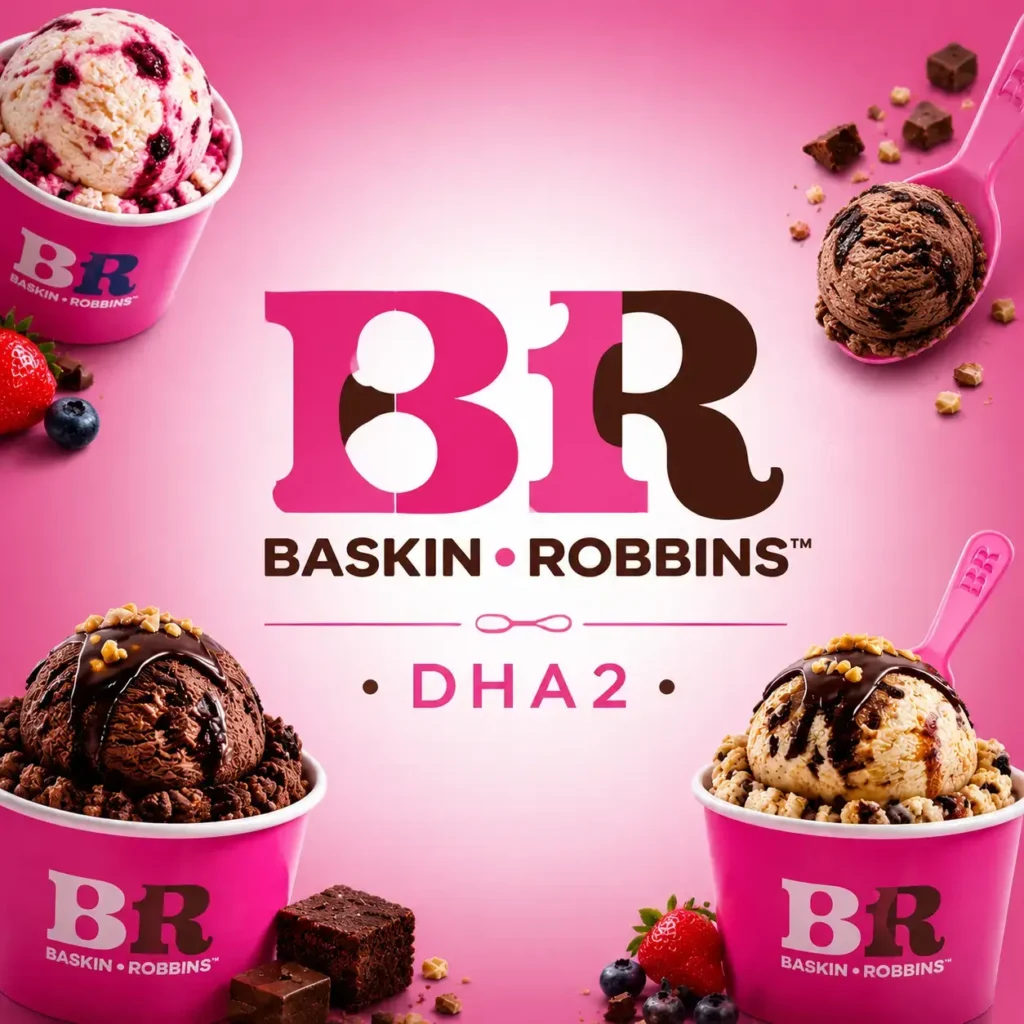 Close-up Baskin Robbins DHA2 advertisement on pink gradient background showing ice cream scoops in colorful cups with sprinkles and dessert styling elements.