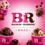 Close-up Baskin Robbins DHA2 advertisement on pink gradient background showing ice cream scoops in colorful cups with sprinkles and dessert styling elements.